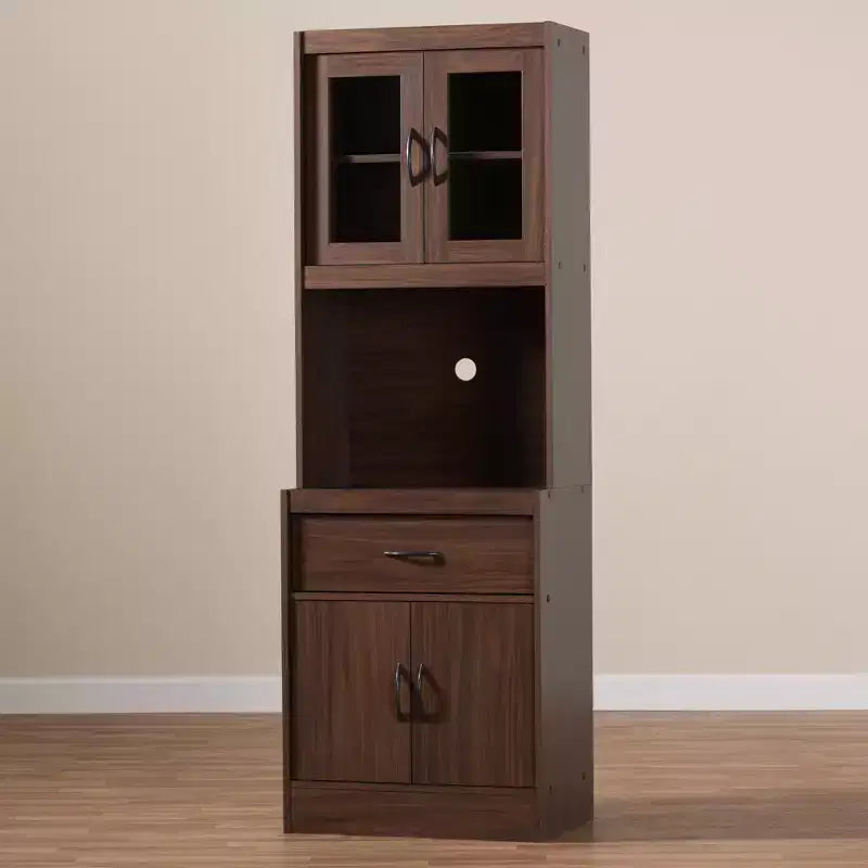 Mobile dispensa alto e credenza – Bianco e ciliegio, Ante in vetro, 4 ripiani, 1 cassetto, H 180 cm