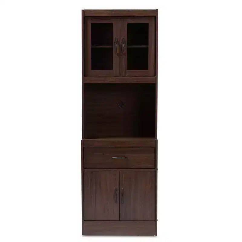 Mobile dispensa alto e credenza – Bianco e ciliegio, Ante in vetro, 4 ripiani, 1 cassetto, H 180 cm