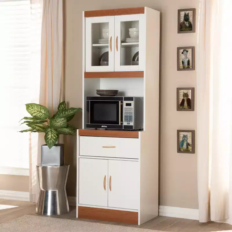 Mobile dispensa alto e credenza – Bianco e ciliegio, Ante in vetro, 4 ripiani, 1 cassetto, H 180 cm
