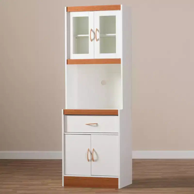 Mobile dispensa alto e credenza – Bianco e ciliegio, Ante in vetro, 4 ripiani, 1 cassetto, H 180 cm