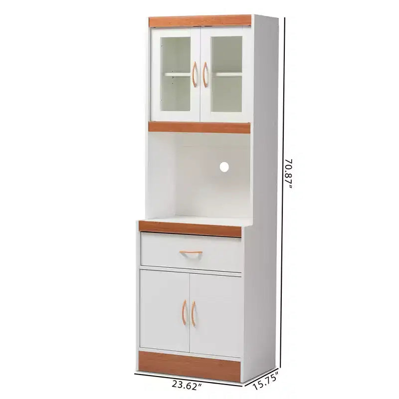 Mobile dispensa alto e credenza – Bianco e ciliegio, Ante in vetro, 4 ripiani, 1 cassetto, H 180 cm