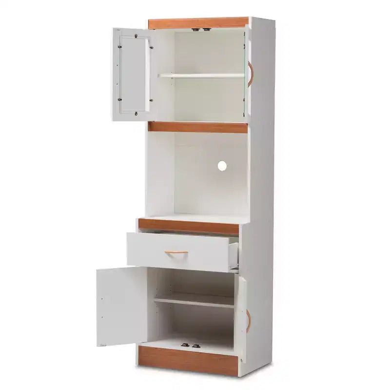 Mobile dispensa alto e credenza – Bianco e ciliegio, Ante in vetro, 4 ripiani, 1 cassetto, H 180 cm