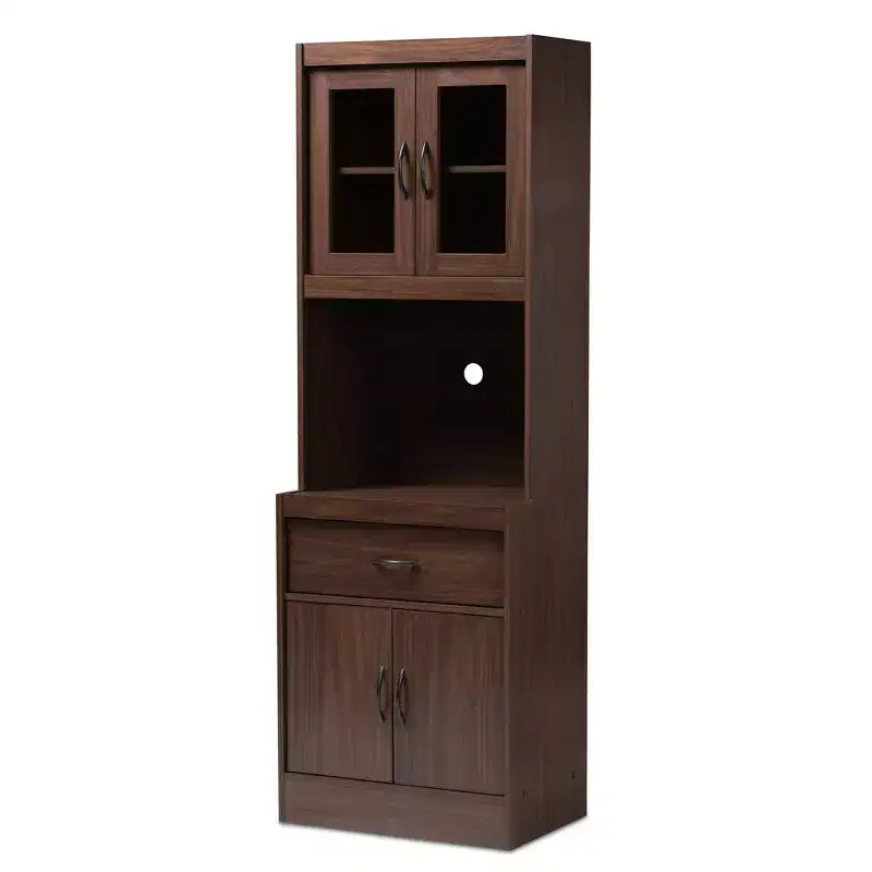 Mobile dispensa alto e credenza – Bianco e ciliegio, Ante in vetro, 4 ripiani, 1 cassetto, H 180 cm