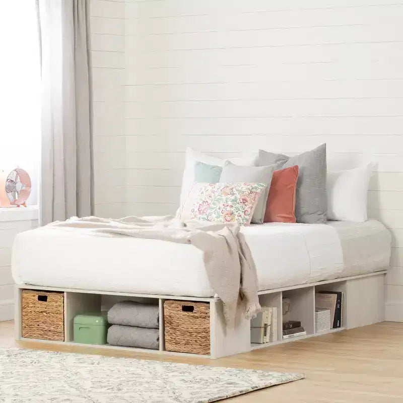 Letto contenitore a piattaforma con cesti in rattan – Finitura Quercia Invernale, Non è richiesto il materasso a molle