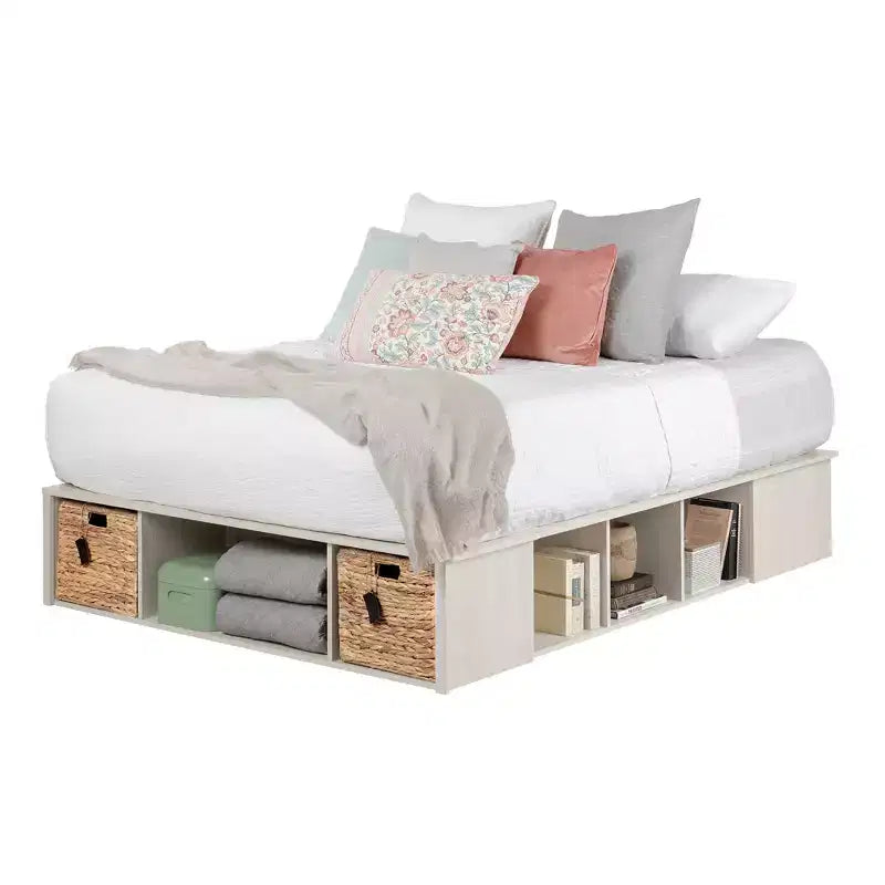 Letto contenitore a piattaforma con cesti in rattan – Finitura Quercia Invernale, Non è richiesto il materasso a molle