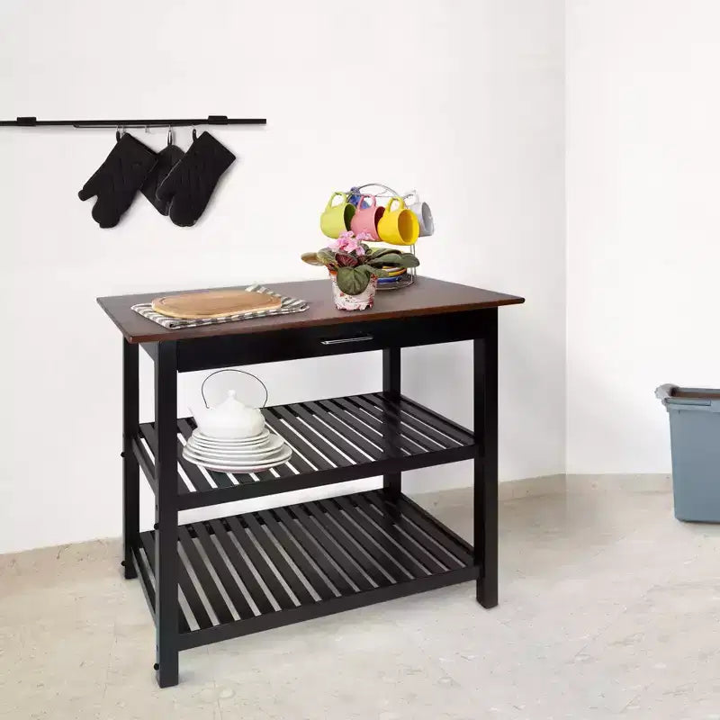 Carrello da Cucina in Legno Massello con 2 Ripiani e Cassetto – Maniglia in Acciaio Inossidabile e Portasciugamani