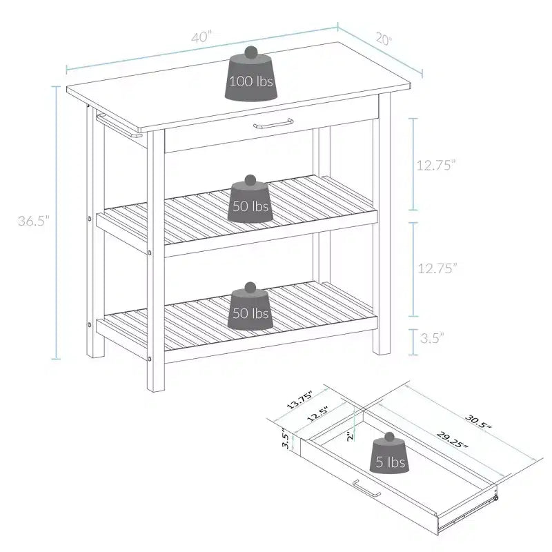 Carrello da Cucina in Legno Massello con 2 Ripiani e Cassetto – Maniglia in Acciaio Inossidabile e Portasciugamani