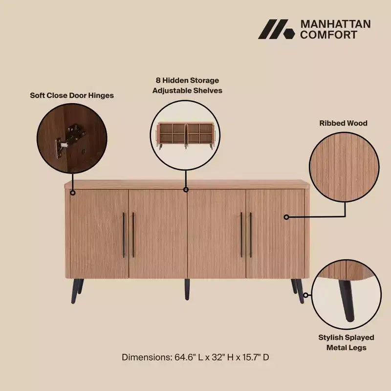 Madia moderna di metà secolo da 64,6" con 8 ripiani e 4 ante – Composito di legno