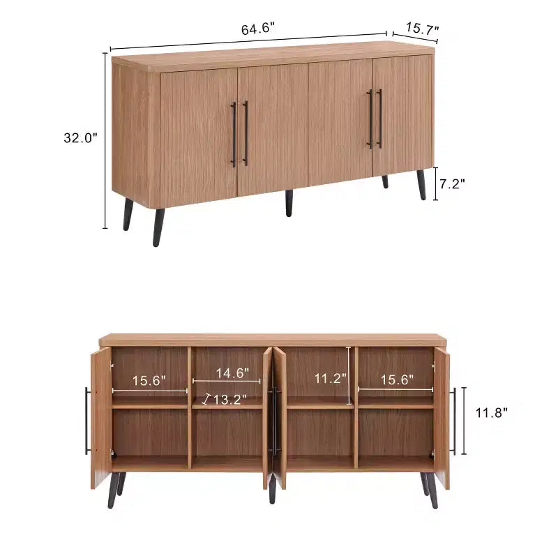 Madia moderna di metà secolo da 64,6" con 8 ripiani e 4 ante – Composito di legno