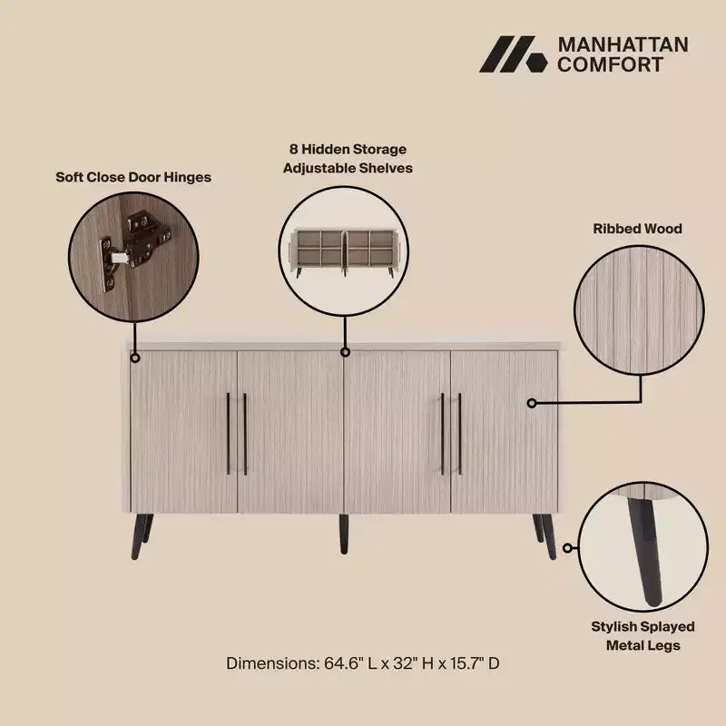 Madia moderna di metà secolo da 64,6" con 8 ripiani e 4 ante – Composito di legno
