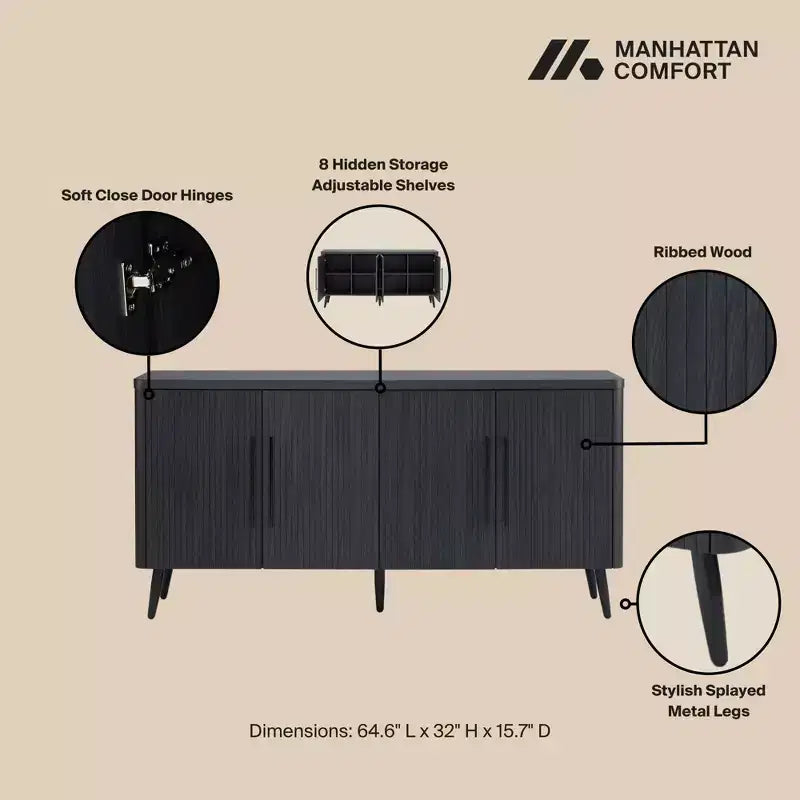 Madia moderna di metà secolo da 64,6" con 8 ripiani e 4 ante – Composito di legno
